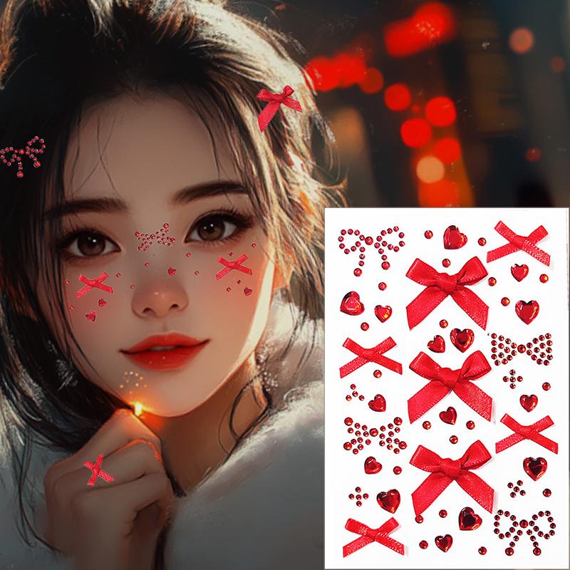 Bow  Tattoo Sticker Face Diy Makeup Red Diamond Pearl Bows Temporary Tattoo Sticker Self Adhesive Party Festival
