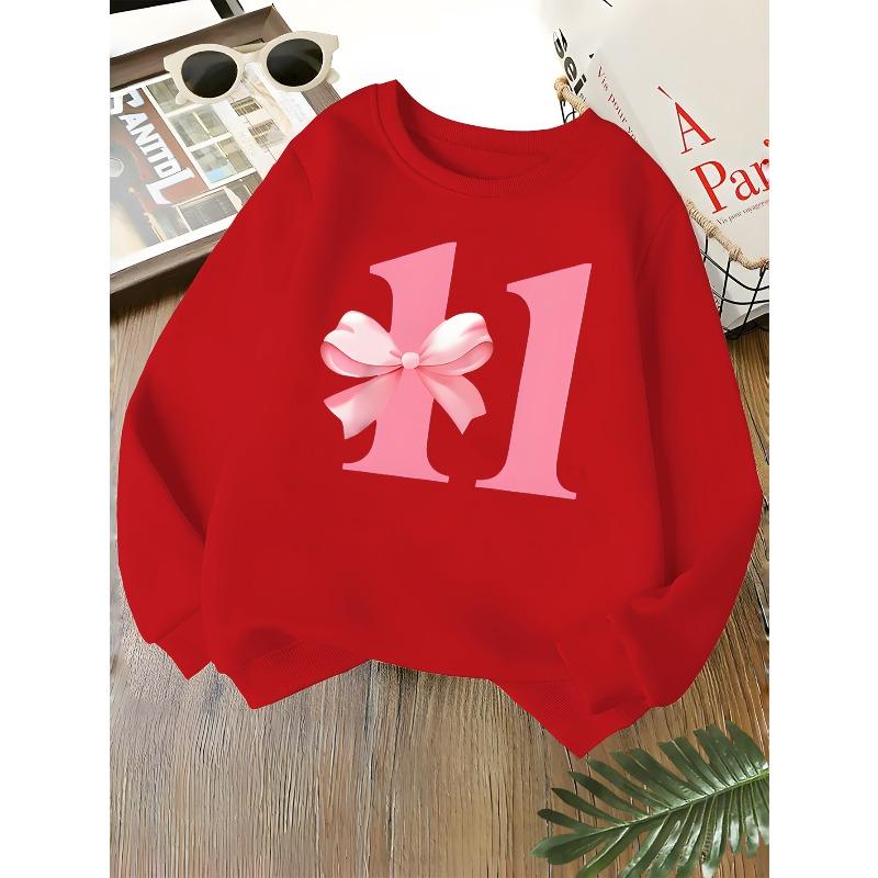 Kids Unisex Crewneck Sweatshirt, Cute Pink Bow Number 11 Birthday Print Soft Fleece Long Sleeve Pullover For Boys Girls Over 4 Years Old