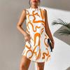 Women's summer European and American printed stand-up collar dress
