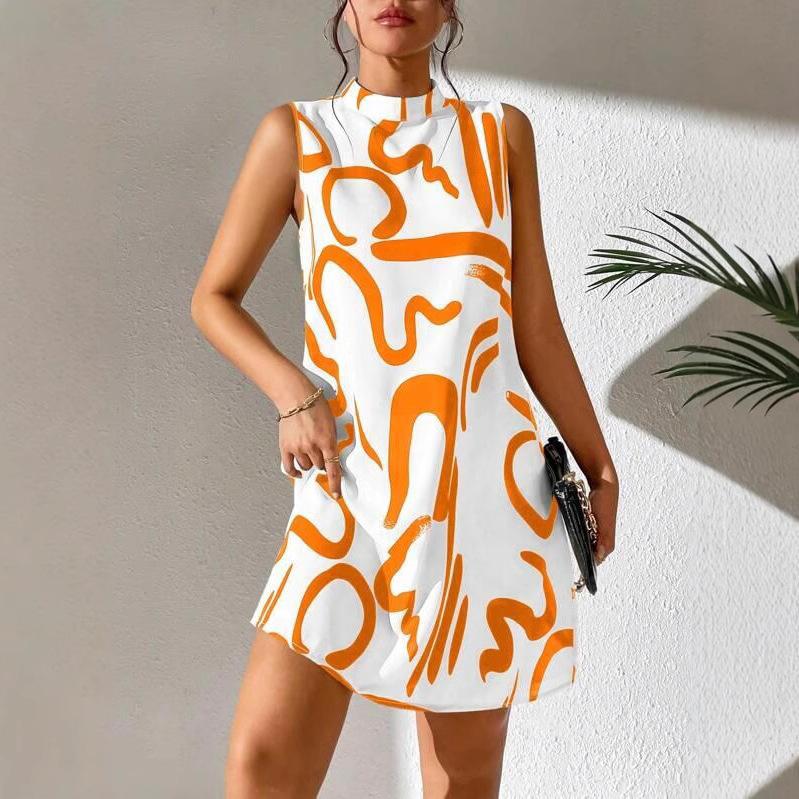 Women's summer European and American printed stand-up collar dress