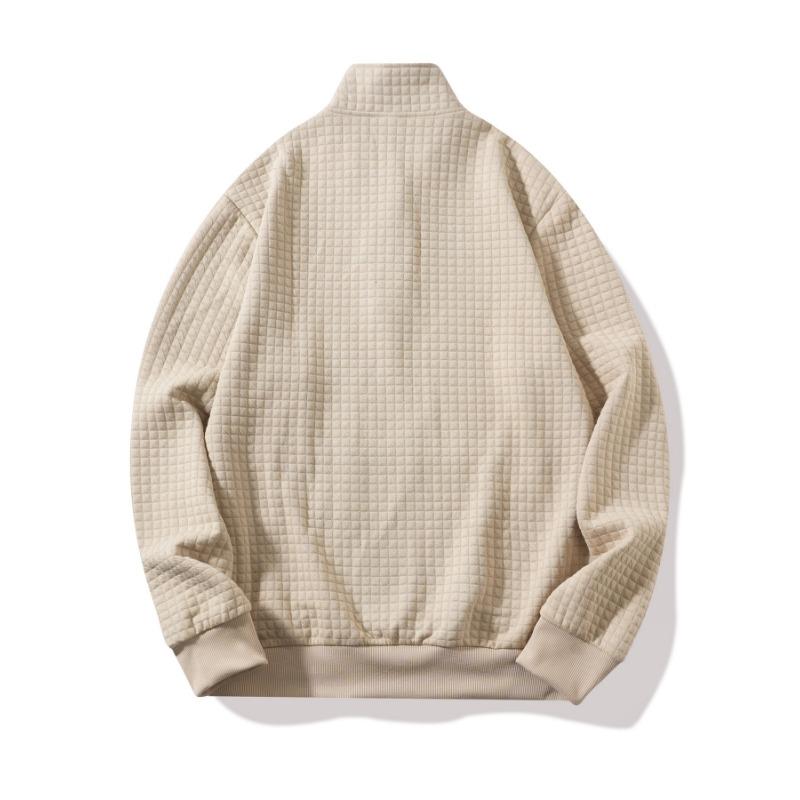 Casual Solid Waffle Half Zip Pocket Long Sleeve Stand Collar Sweatshirt