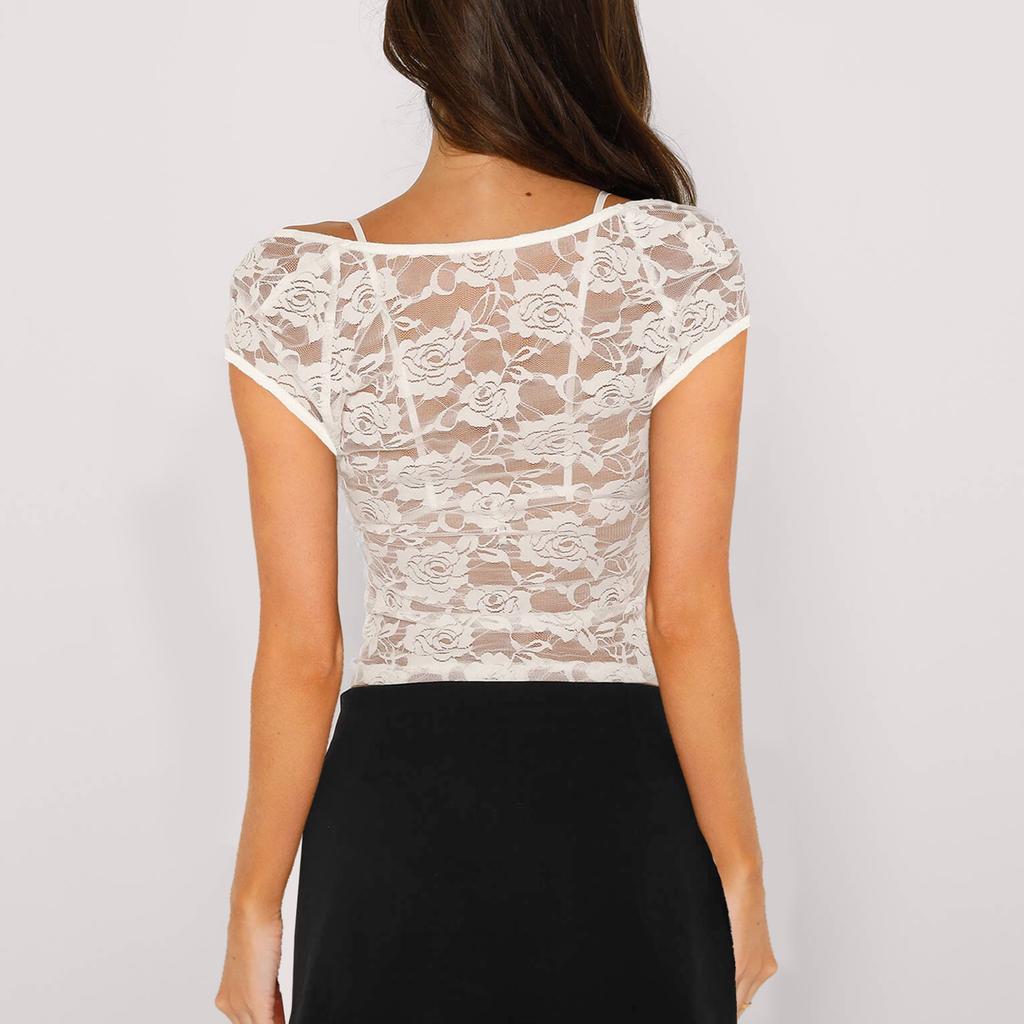 Women's Lace Tops Vintage Cap Sleeve Low Cut Slim Fit T-Shirts + Sleeveless Bralette Set Summer Clothes