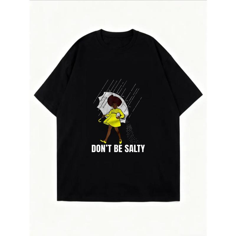 White Oversized T-Shirt With Cartoon Woman In Yellow Dress And Umbrella Don T Be Salty Print Casual Everyday Wear For Women