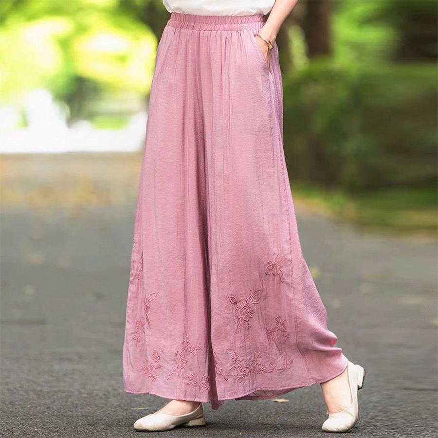 Summer New Cotton Linen Embroidery Double Layer Straight Leg Pants Casual Wide Leg Pants Plus Size Women's Fashion Loose Waist Literary Style Clothing
