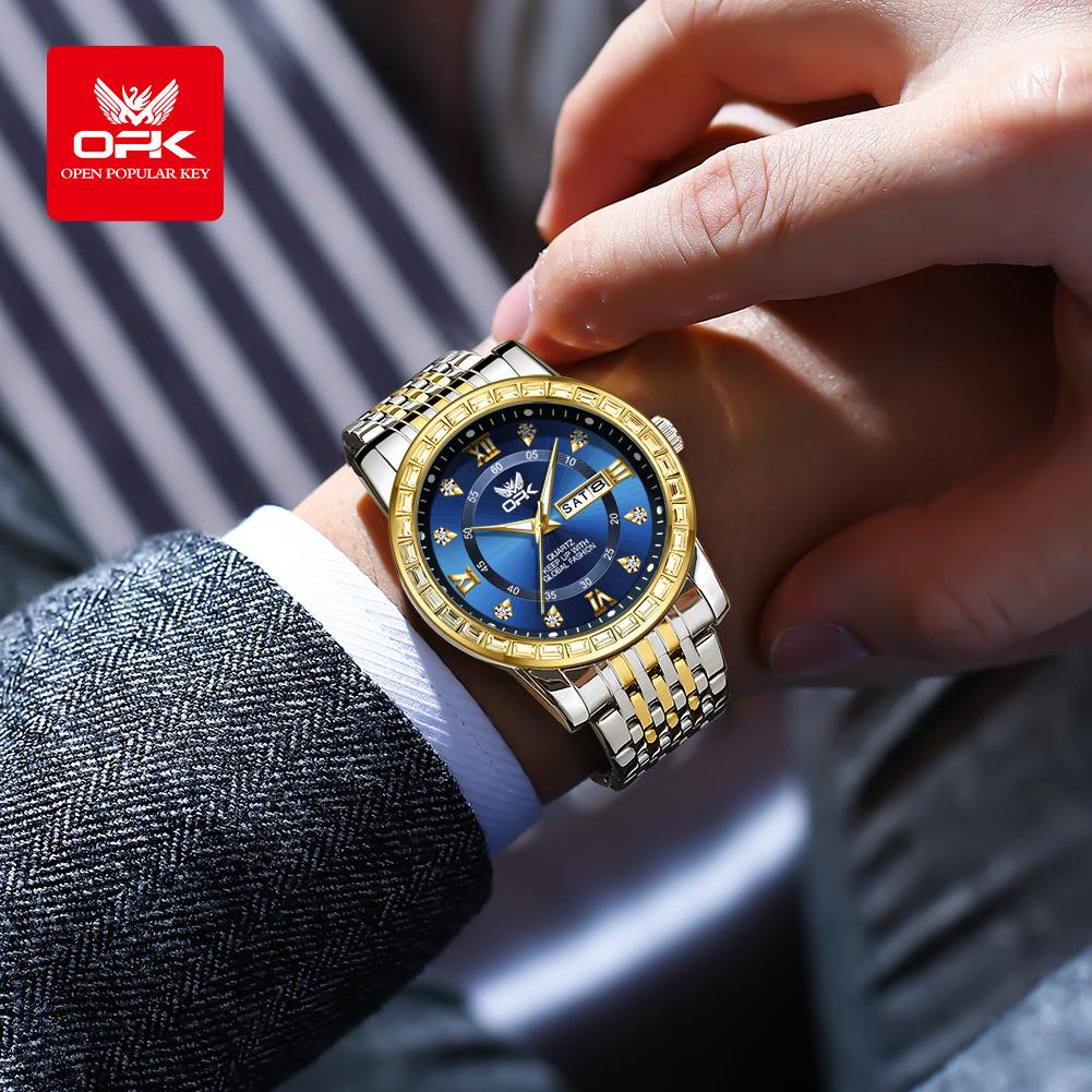 OPK Dual Calendar Luxury Quartz Watch For Men Diamond Roman Scale Business Hand Clock Waterproof Fashion Original Man Watch