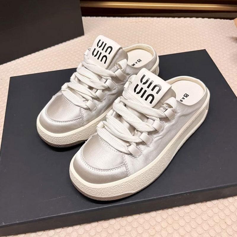 

Thick-soled bag head slippers women s outer wear 2024 summer new round head lace-up casual little white shoes comfortable versatile board shoes 35 серебряный