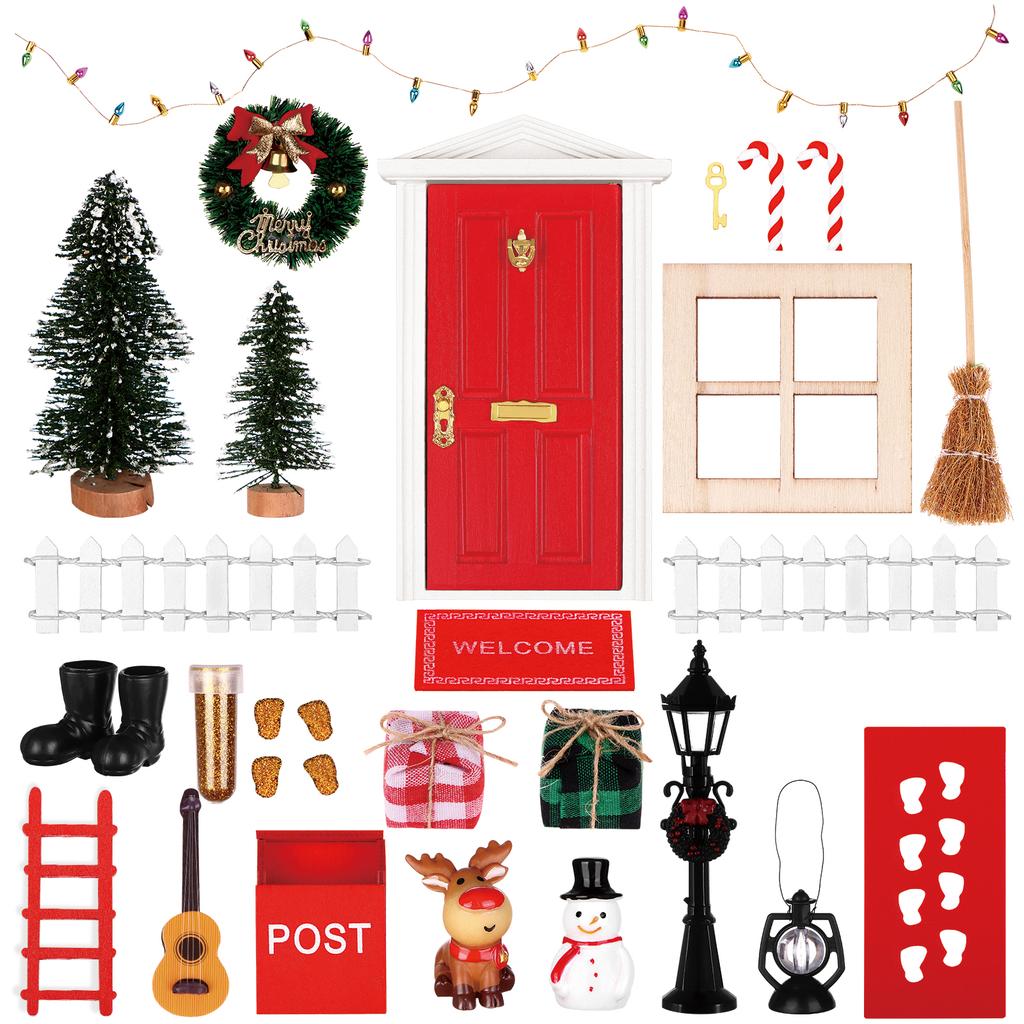 Datingshiny 26 StüCk Weihnachten Miniatur WichteltüR ZubehöR Set, Miniatur Wichtel ZubehöR Mit Wichtel TüR BriefkäSten Kranz Wei