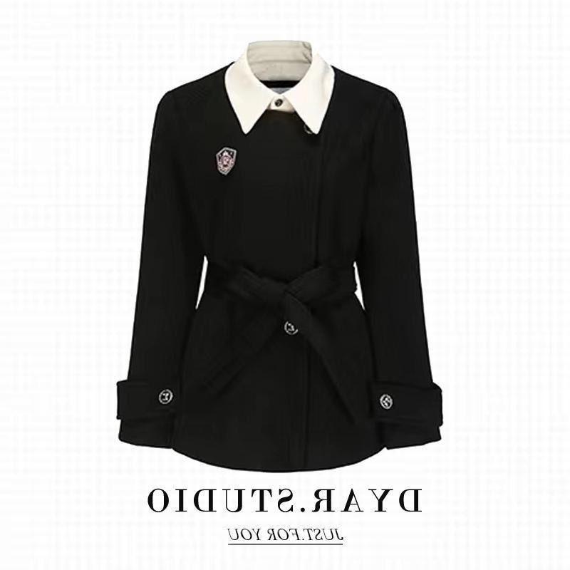 Petite Waist-Cinching College Style Two-Piece Black Suit Jacket Set for Autumn/Winter