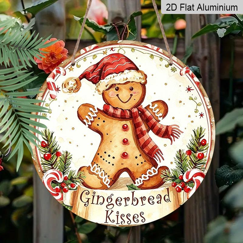 2D Flat, 1pc Decorative Plaques and Ornaments Sign, Round Distressed Aluminum Gingerbread Kisses Christmas Hanging Plaque, Candy Cane Pine Farmhouse