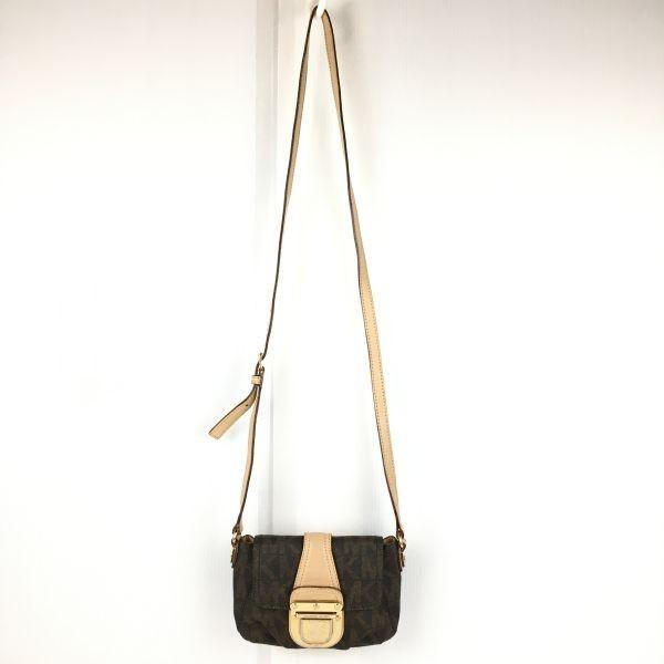 MICHAEL KORS Genuine Leather MK Signature Shoulder Bag Brown Small Size Women(USED)