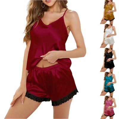 Vêtements de nuit pour femmes, Vêtements de nuit en soie glacée, Short à bretelles, Vêtements d'intérieur patchwork dentelle