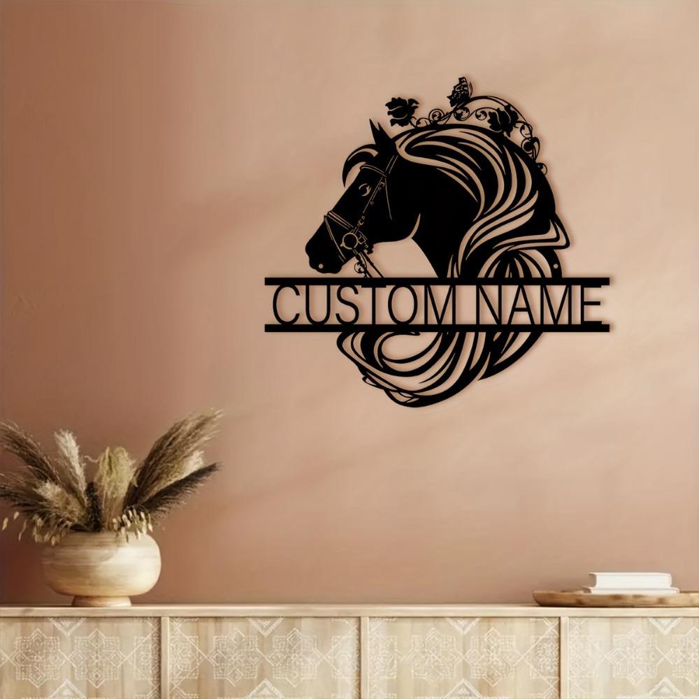 1pc Custom Metal Horse Skull Wall Sculpture, Personalized Inscription, Rustic Home Decor, Balcony & Courtyard Ornament, Gift, Custom Sign.