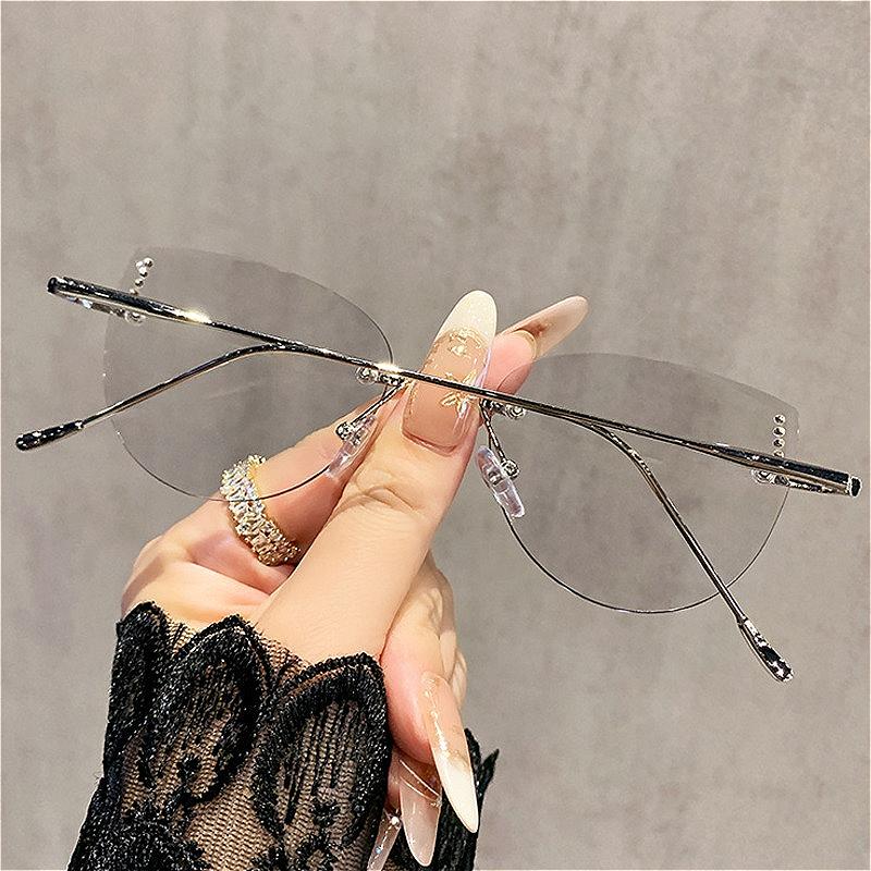 Rimless Cat Eye Photochromic Myopia Glasses Diamond Decor Ultralight High-definition Anti Blue Light Glasses Near Sight Glasses