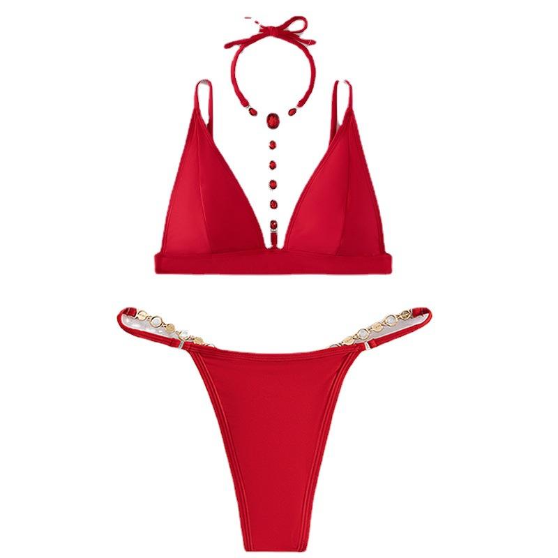 Evropský a Americký Populární Křišťálový Plavecký Úbor na Krk Dámský Sexy Perlový Tanga Plážové Bikini
