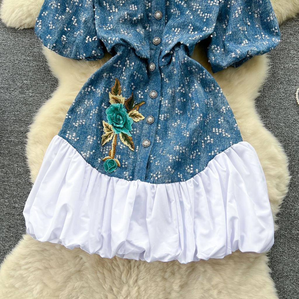 Spring Autumn Summer High Waisted Slimming Women Dresses with Sequin Bubble Sleeve Design Fashion Denim Dress