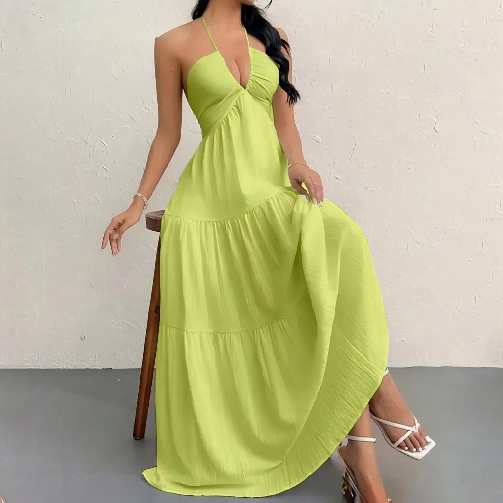 Maxi Abito da Donna Senza Maniche con Scollo all'Americana Schiena Scoperta con Lacci Estivo da Spiaggia Casual Lungo per Vacanze e Tempo Libero
