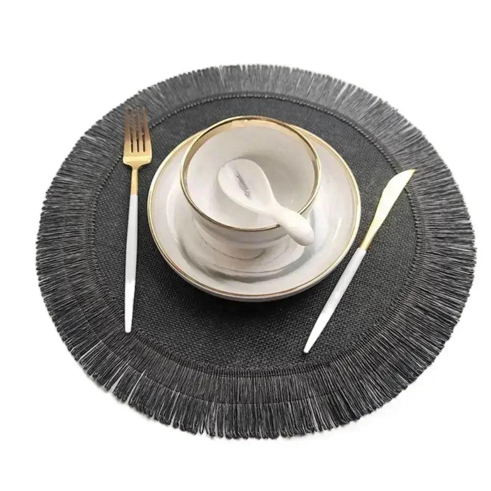 1PC Round Tassel Placemat Heat Resistant Mat Simple Jute Dining Table Mat Placemat for Wedding Homes Party Dining Table 38x38cm