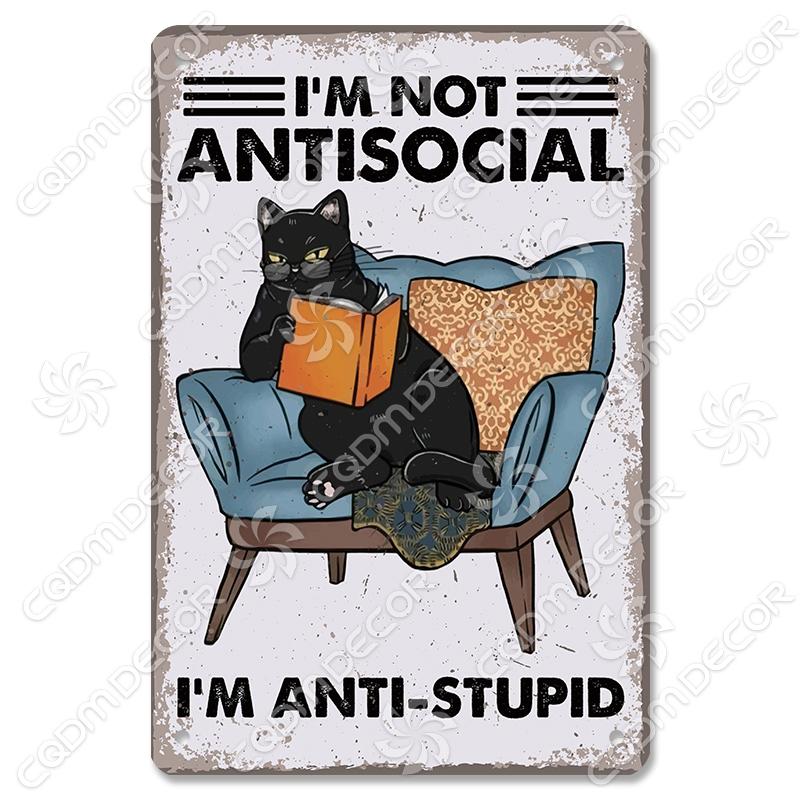 Black Cat Tin Sign Metal Plaque Read Books Drink Wine Pet Metal Poster Vintage Wall Decor for Coffee Shop Kitchen Bathroom Home