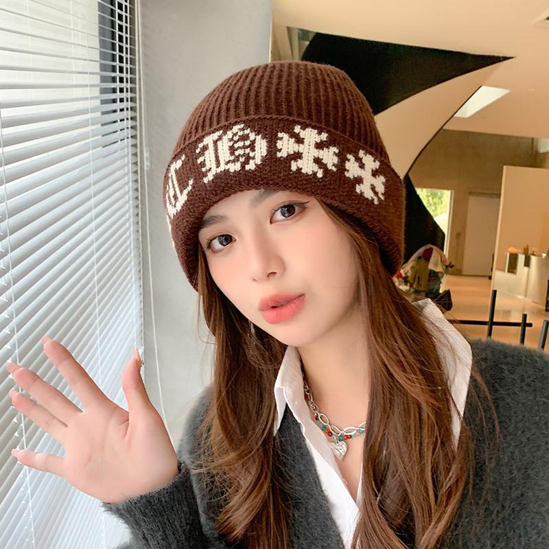 

Snowflake Pattern Brown Big Head Circumference Knitted Wool Hat for Women Autumn and Winter Loose Warm Korean Style Pullover Cold Hat for Men One Size