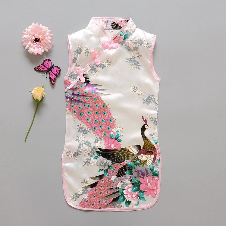 Girls' Classic Red Peacock Qipao: Children's Chinese Style Costume for New Year & Performances (Spring/Summer).