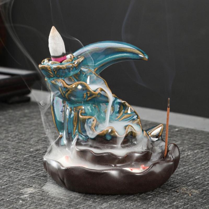 Double Fish Flowing Back Incense Burner Creative Home Decor Waterfall Incense Ceramic Furnace Craft  Lotus Incense Burner