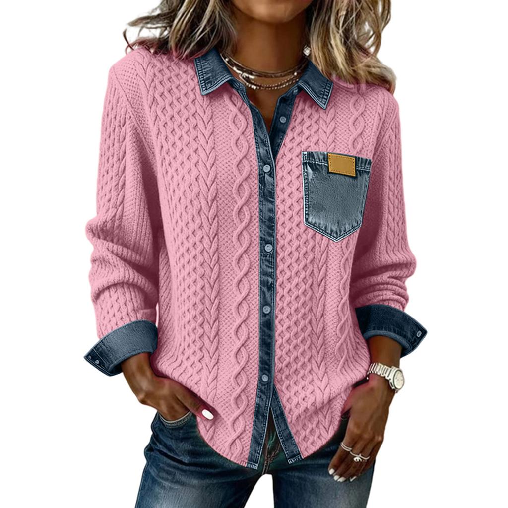 Chaqueta tipo cárdigan de manga larga de mezclilla con patchwork de punto para mujer