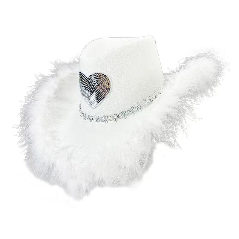 Rhinestone Love Heart Women Glitter Cowboy Hat Fur-edged Cowgirl Hats Women Funny Performance Costume Cosplay Hat for Wedding
