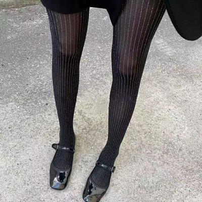 Korean Retro, Individualistic & Niche Black Vertical Striped Shiny Thin Stockings - Base Pantyhose