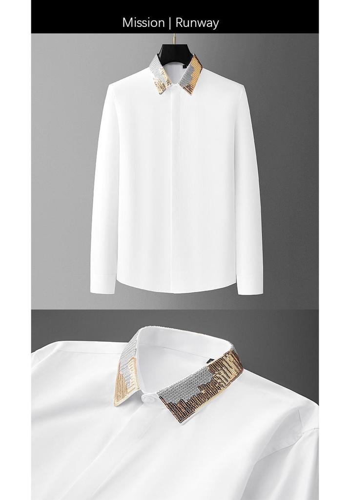 Men's High-End Silver Thread Embroidered Sequin Long-Sleeve Shirt