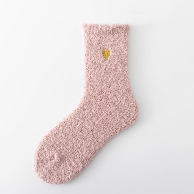 Autumn and Winter Coral Fleece Socks, Thickened Floor Socks, Embroidered Heart-shaped Home Socks, Warm and Soft Sleeping Socks