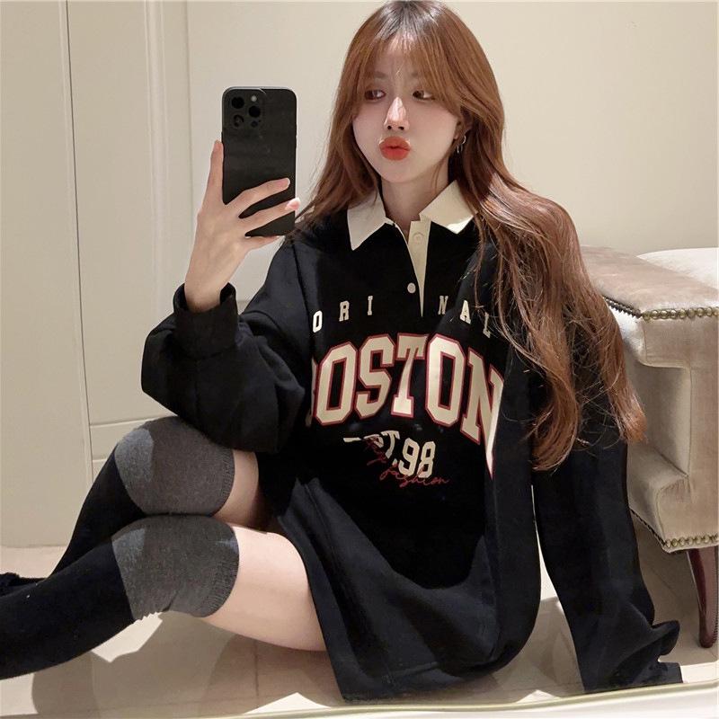 

Корейская преппи милая толстовка с воротником поло для женщин - Весна 2025 Повседневный топ средней длины M (Under 100 lbs) чёрный