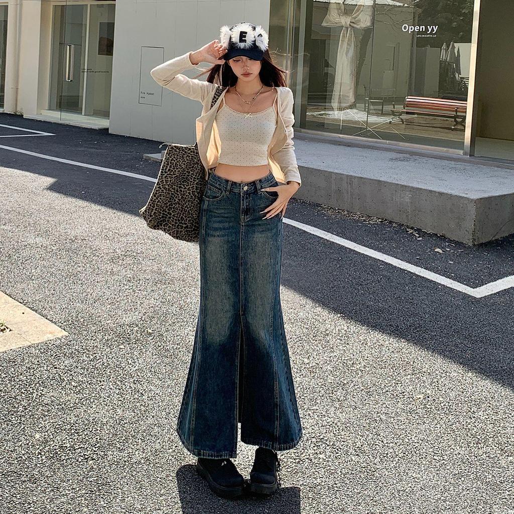 High Waist Retro Denim Mermaid Skirt - Women's A-line Hip-hugging Style for 2026 Spring/Autumn