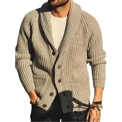 Men's Lapel Long Sleeve Hole Striped Cardigan Sweater Single-breasted Solid Color Jacket