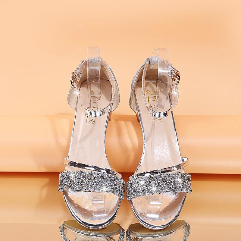 Women's Plus Size Solid Color Low Heel Sandals, Rhinestone Decor European American Style Casual Daily Outdoor Dress Shoes