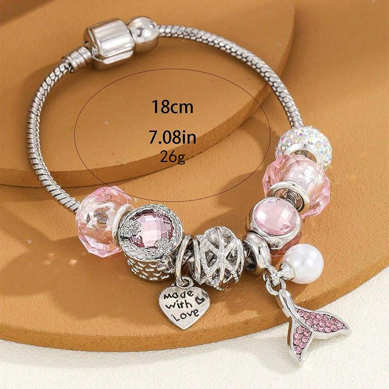 Handmade Beaded Bracelet Crystal Ball Heart Charm Mermaid Tail Pearl Pendant Jewelry Gift for Women