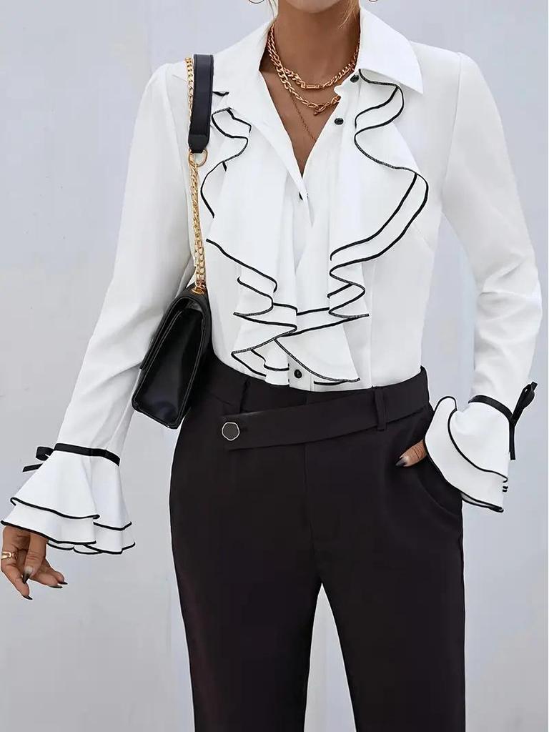 2026 European & American Women's Solid Color Ruffle Flare Sleeve Shirt