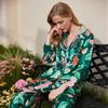 Womens Lightweight Ice Silk Pajama Set Long Sleeve Lounge Wear Green Parrot Print Sleepwear Outfit
