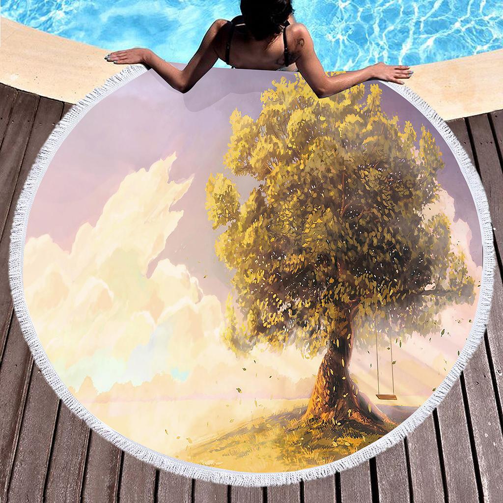 Round Beach Towel,Fantasy Winter Tree Printing Polyester Sand Resistant Beach Blanket,Absorbent Quick Dry Pool Towel Picnic Mat