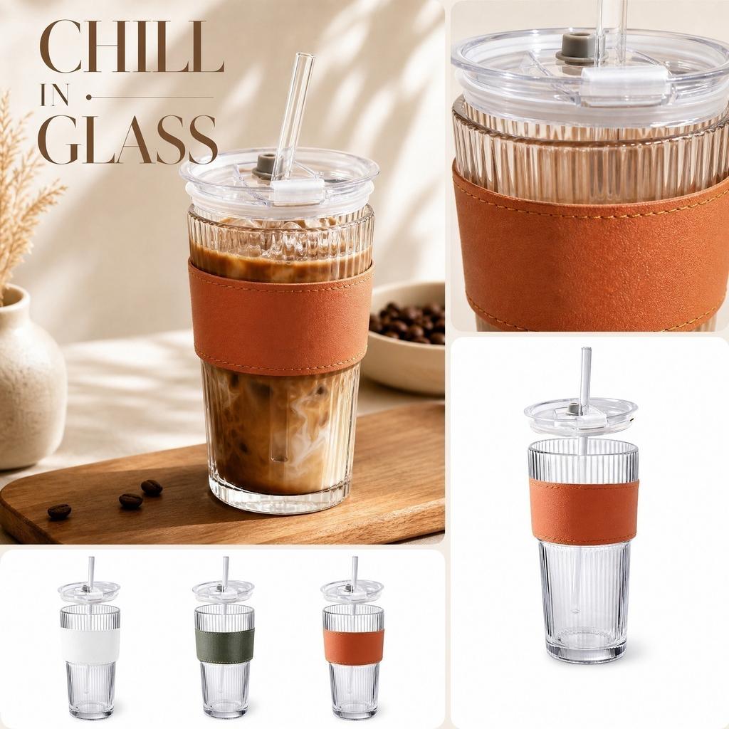 Glass Tumbler Set 560ml Large Capacity Cold Coffee Cup with Straw Lid and Sleeve Leak Proof Aesthetic Drinkware Suitable for Coffee Bar Accessories