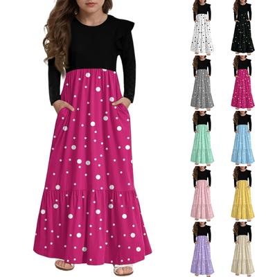 Mädchen Stufenkleid mit Rüschen - Langärmeliges bedrucktes Maxi mit Taschen