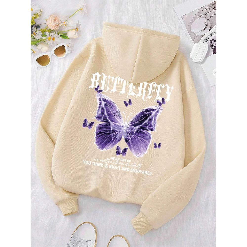 Women Beautiful Purple Butterfly Printing Hoodies Women Pocket Hoody Simple Casual Hoodie Autumn Loose Female Streetwear