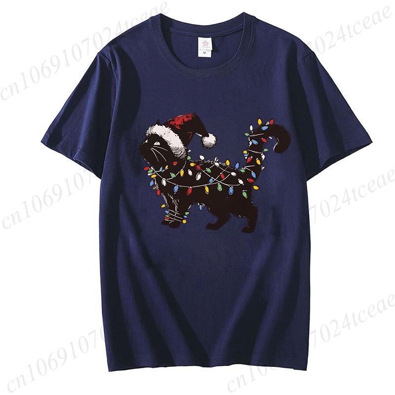 Unisex Cute Cat Christmas Graphic Print Tshirt Holiday Tee Shirts Casual O Neck Fashion Shortsleeve Soft Cat Mom Creative Tops
