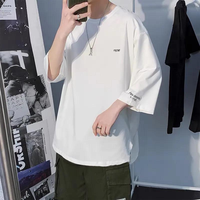 Men's Summer Lightweight 3/4 Sleeve T-Shirt Loose Fit, Plus Size, Korean Style Short Sleeve Top