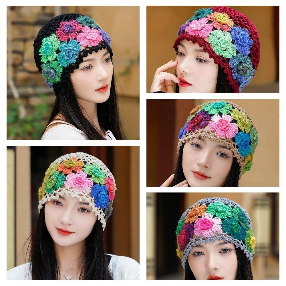 Crochet Flower Hollow Knitted Hat Colorful Ethnic Style Pullover Hat  Apparel Accessories