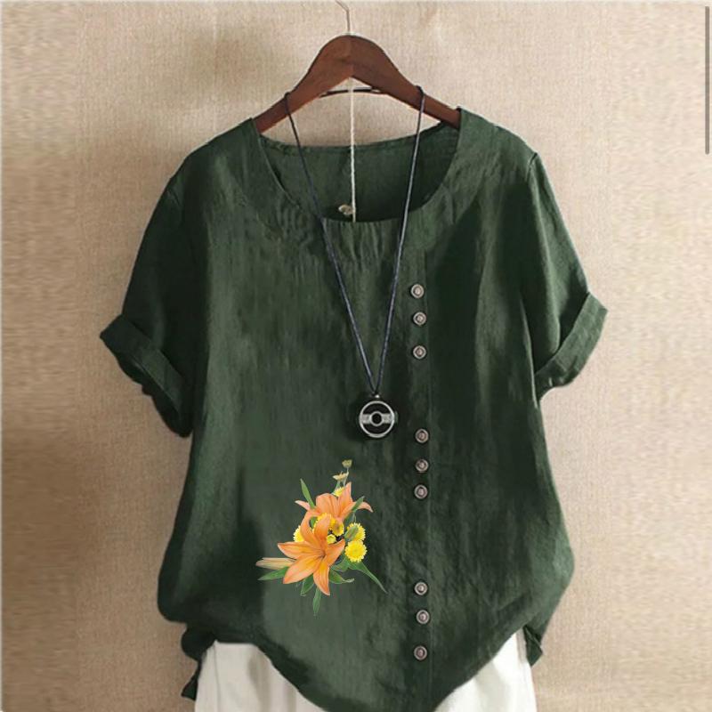 Women's Fashion Flower Pattern Print Short Sleeve T-shirt Loose Cotton Shirt Casual Loose Summer Blouse Tops Plus Size