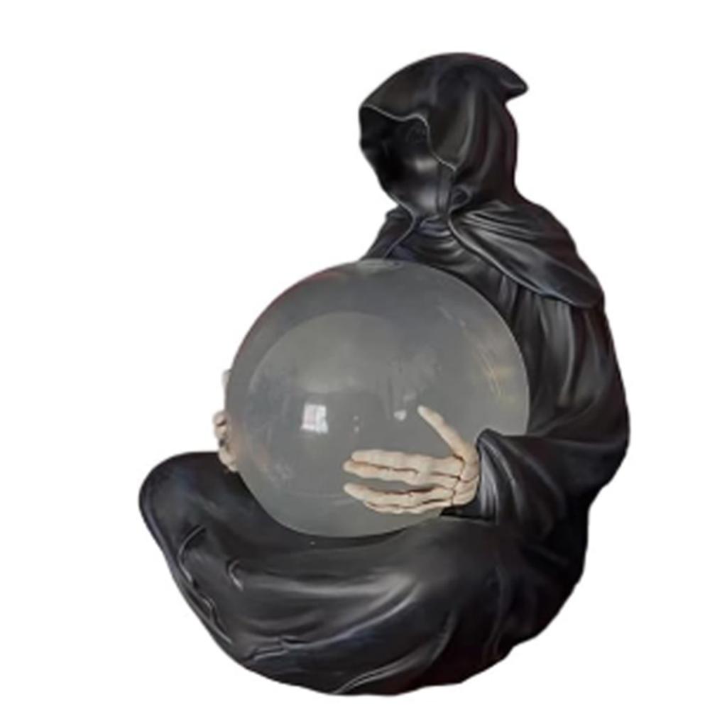 Resins Death God Sculpture Crystal Ball Halloween Decors LED Light Up With Flying Bats For Home Party Collectible Gift