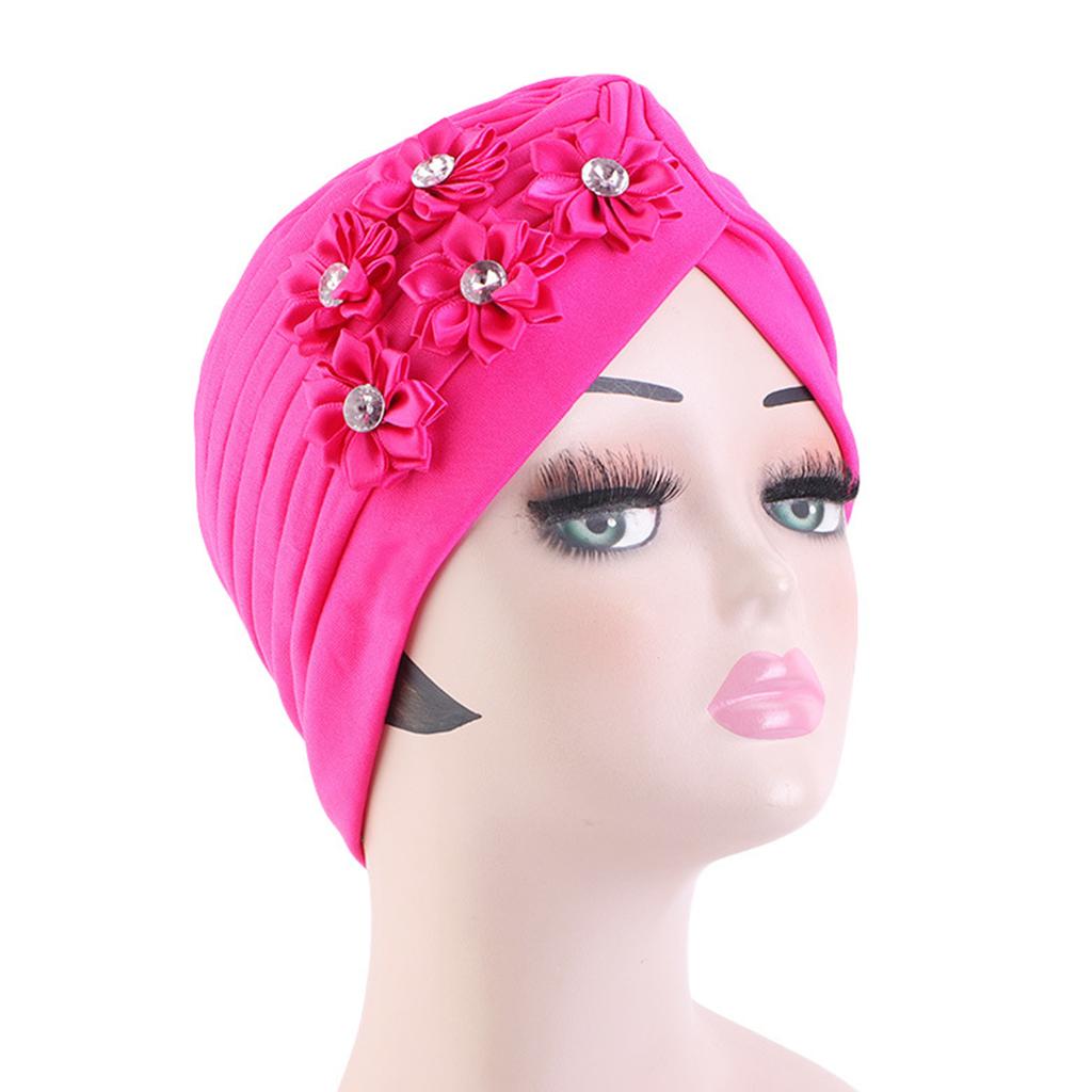 4Pcs Women Turban National Style Diamond Flower Beanie Elastic Head Wrap Cap Chemo Headwear Accessories