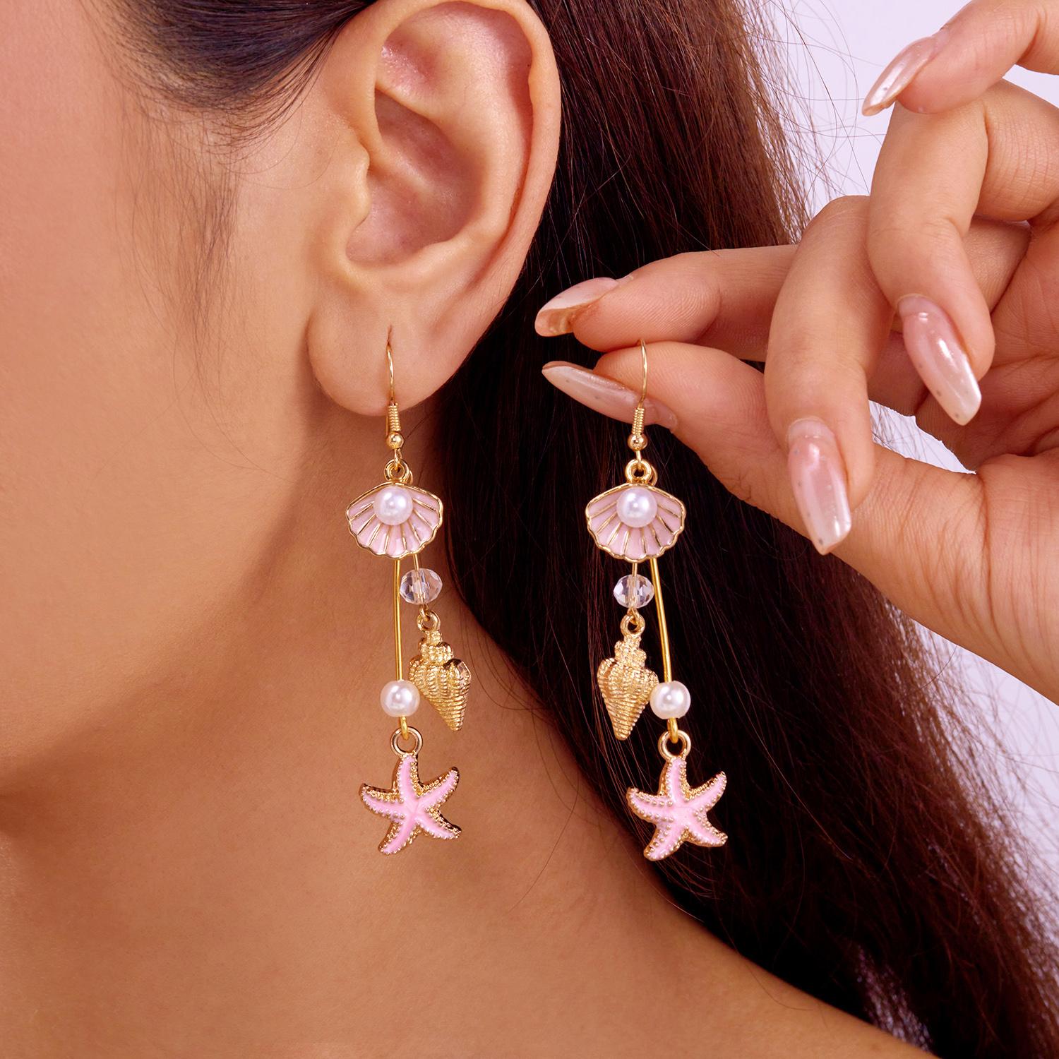 

Bohemia Conch Shaped Starfish Dangle Earrings for Women Exquisite Pearl Star Long Tassel Drop Earring Girls Beach Party Gifts