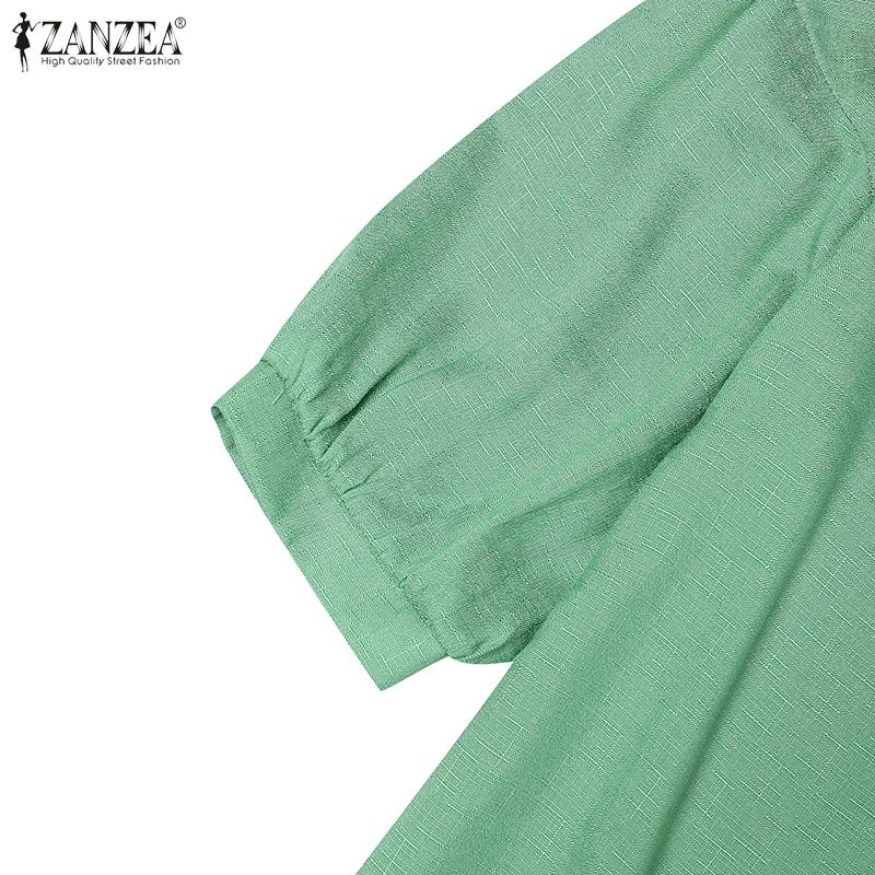 ZANZEA Women Round Neck 3/4 Sleeve Solid Color Casual Thin Blouses