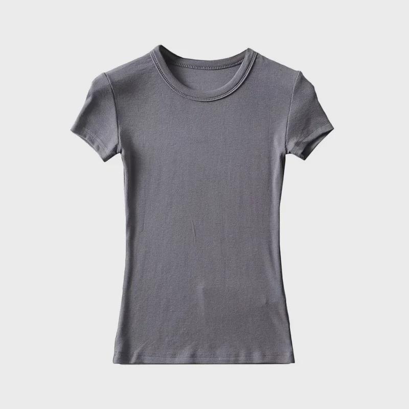 YPFF Summer Women's Solid Color Elastic Thread Basic Short-Sleeve Round Neck Top